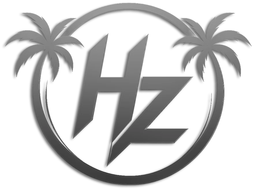 Hz Industries logo: the letters H and Z inside a silver ring framed by two palm trees